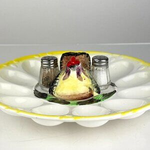 1950s Rooster Deviled Egg Plate with Toothpick Holder Center Ceramic Chicken